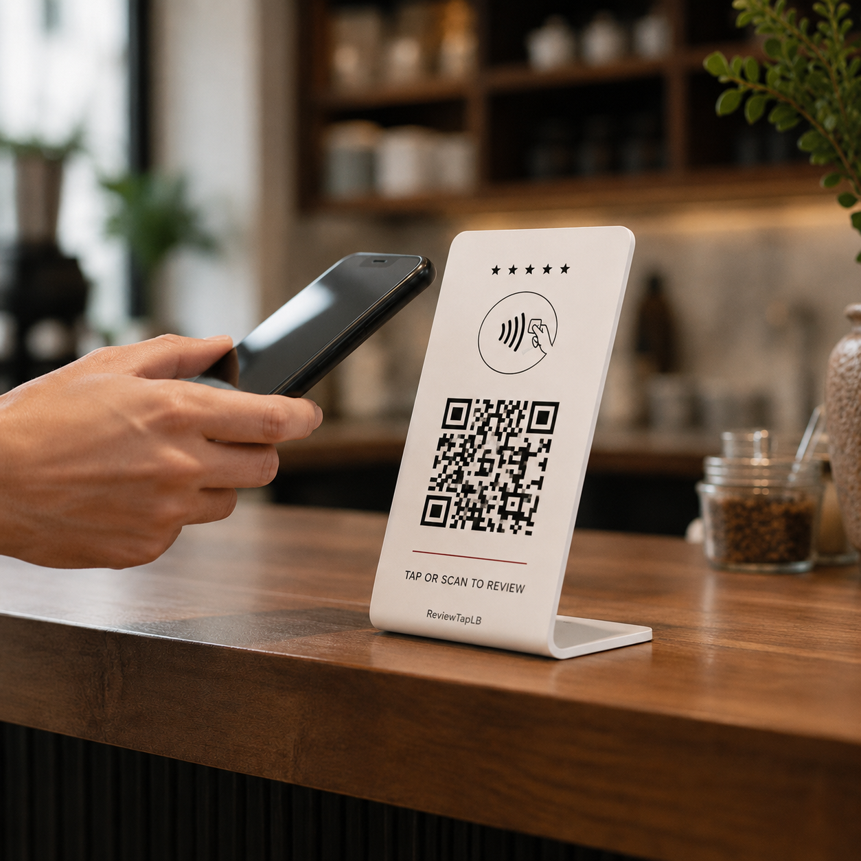 A customer tapping a ReviewTapLB NFC stand